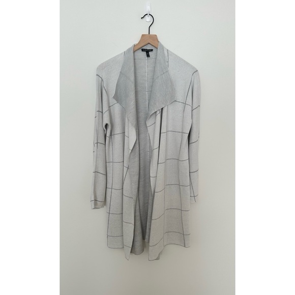 Eileen Fisher Windowpane Graphic Angled Front Cotton Silk Cardigan - Picture 2 of 11